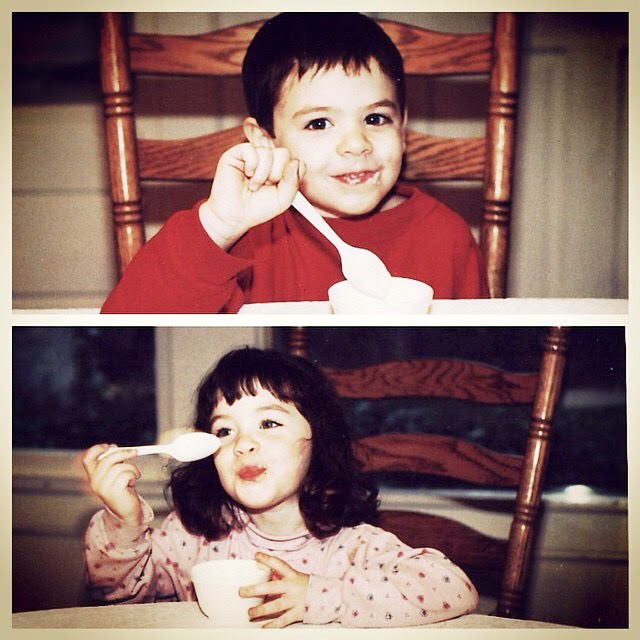 Rebecca Delevati and her twin brother, Stephen, as children eating ice cream.
